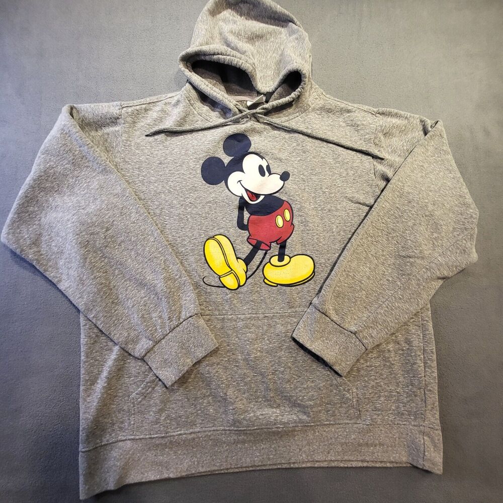 Disney Mickey Mouse Hoodie Mens L Gray Pullover Sweater Graphic Print